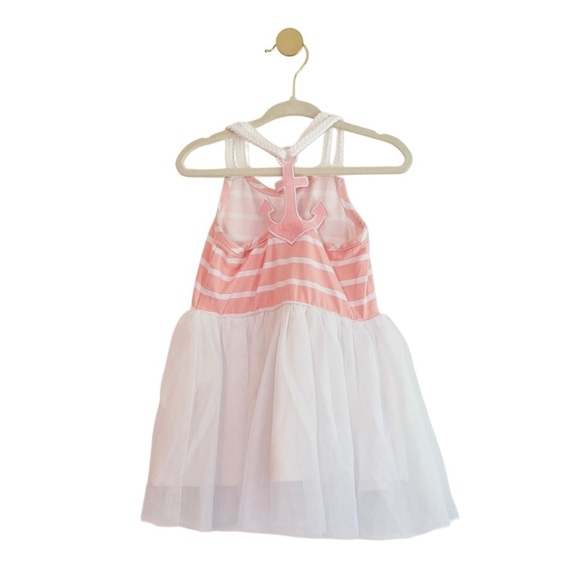 btween Other - Nautical Pink & White Stripe Dress with Tulle Skirt & Anchor Detail | Girls 2T